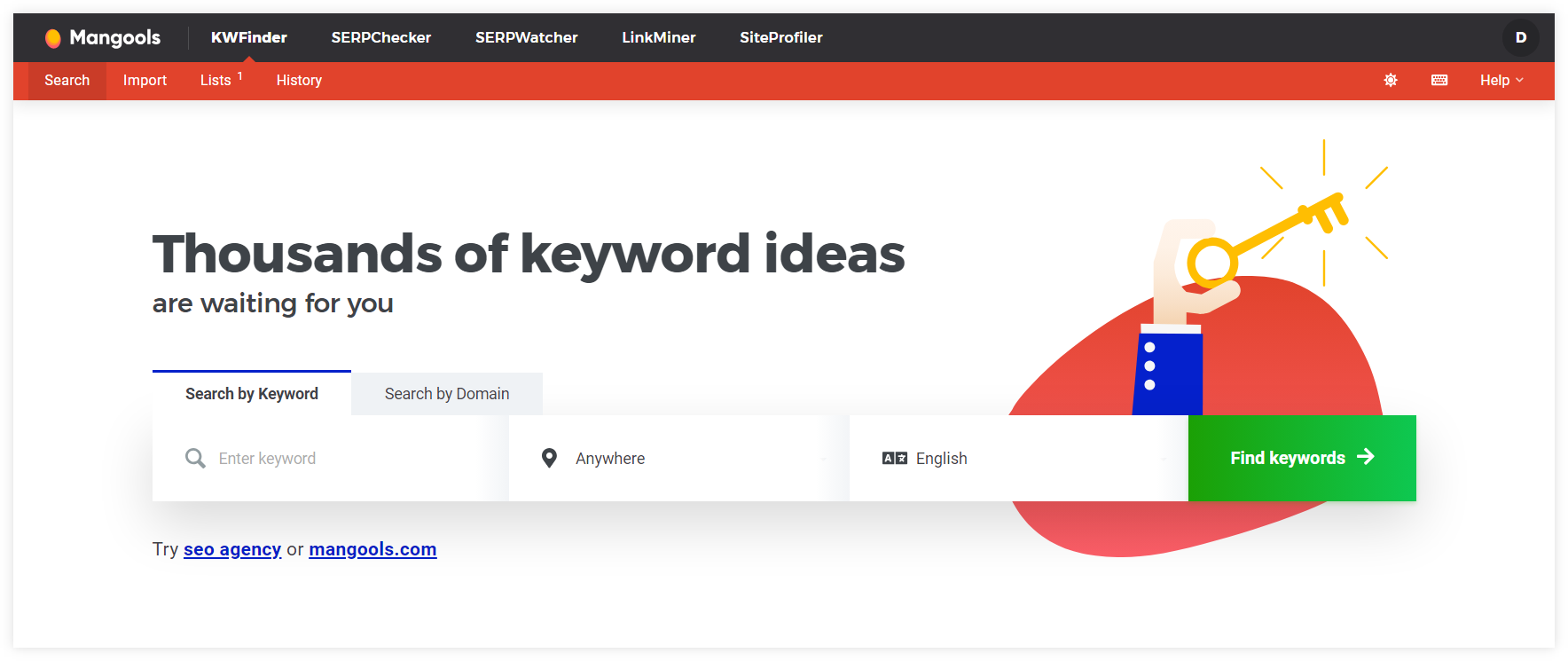 KWFinder - initial window for keyword research
