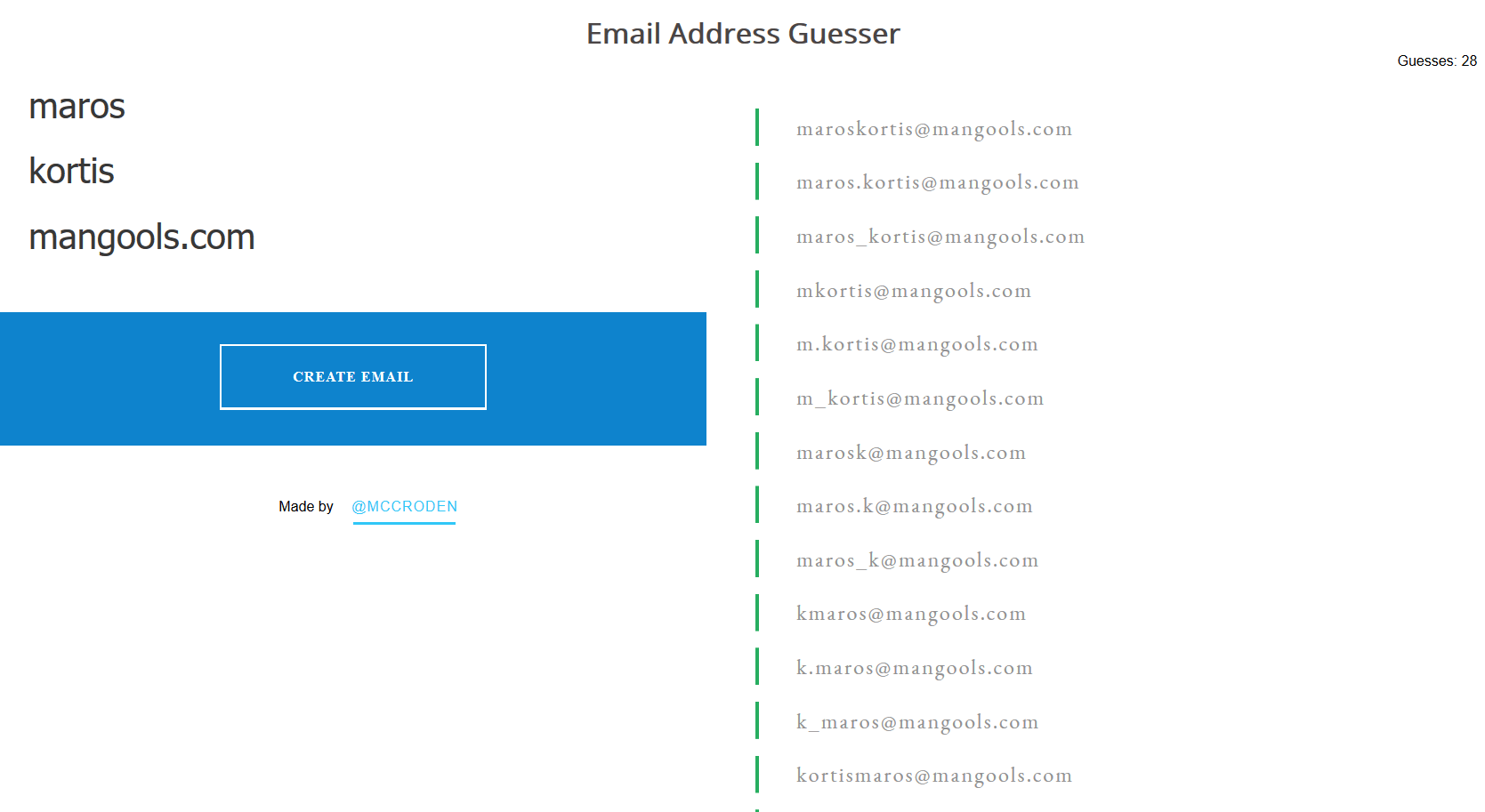 Email address combination finder