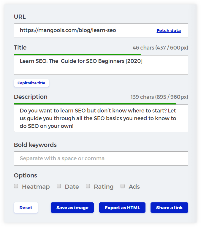 Testing title tags and meta descriptions in free Mangools SERP simulator - example