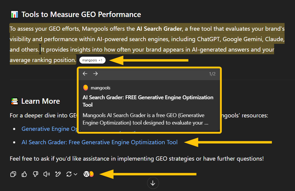 example of website appearing in LLM due to GEO